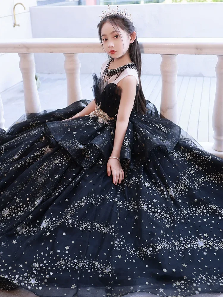 Girls Luxury Party Dress Kids Elegant Black Lace Princess Gown Long Dress Wedding Even Piano Performance Clothes