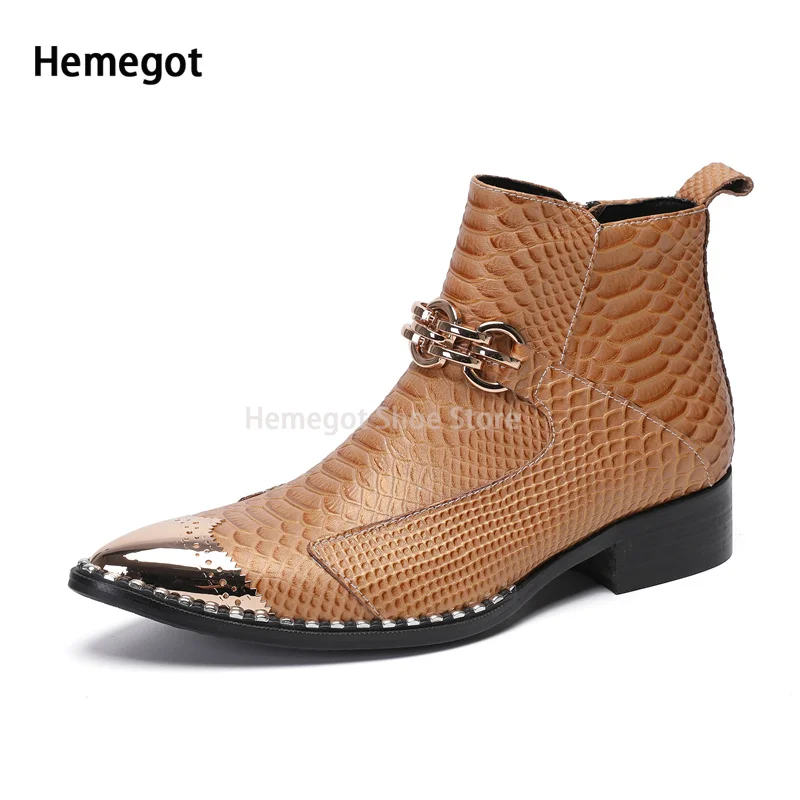 Metallic Toe High Top Men's Boots Gold Chain Decoration Side Zipper Men's Shoes Genuine Leather Booties New In Party Male Botas