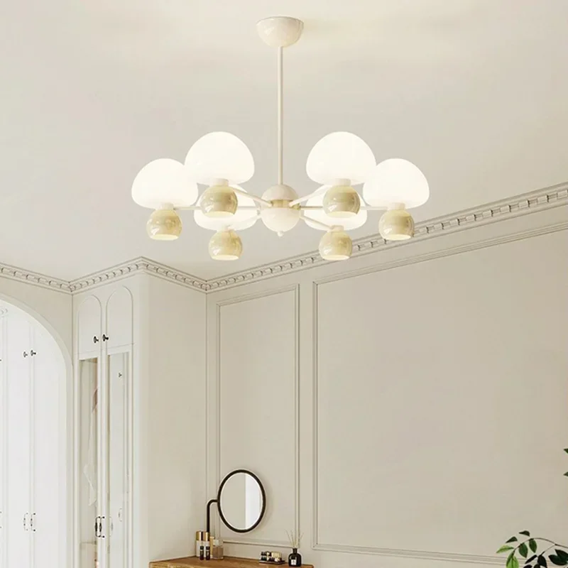 Nordic Cream Style Mushroom White Glass Chandelier Living Room Restaurant Bedroom Kitchen Designer Pendant Lamp Art Decor Light