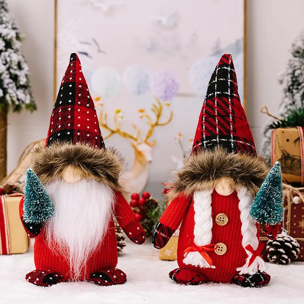 Desktop Christmas Gnome Christmas Gnome Plush Handmade Knitted Plaid Christmas Gnome Festive Tree Plush Ornament with Pointy Hat