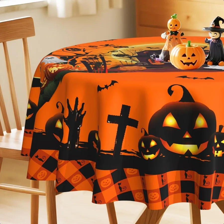 

Halloween Tablecloth Round Pumpkin Tablecloths 70 inches Castle Ghost Table Cloth