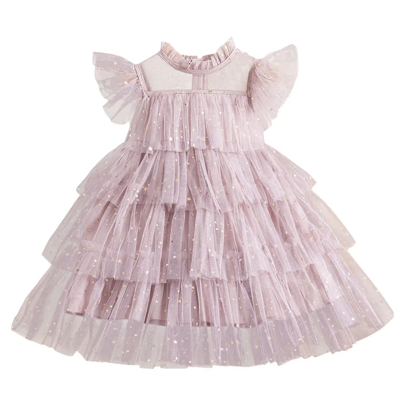 Girls Tulle Summer New Princess Dresses Fly Sleeve Sequined Star Ruffle Mesh Layered Dress Children Birthday Party Girl Vestidos