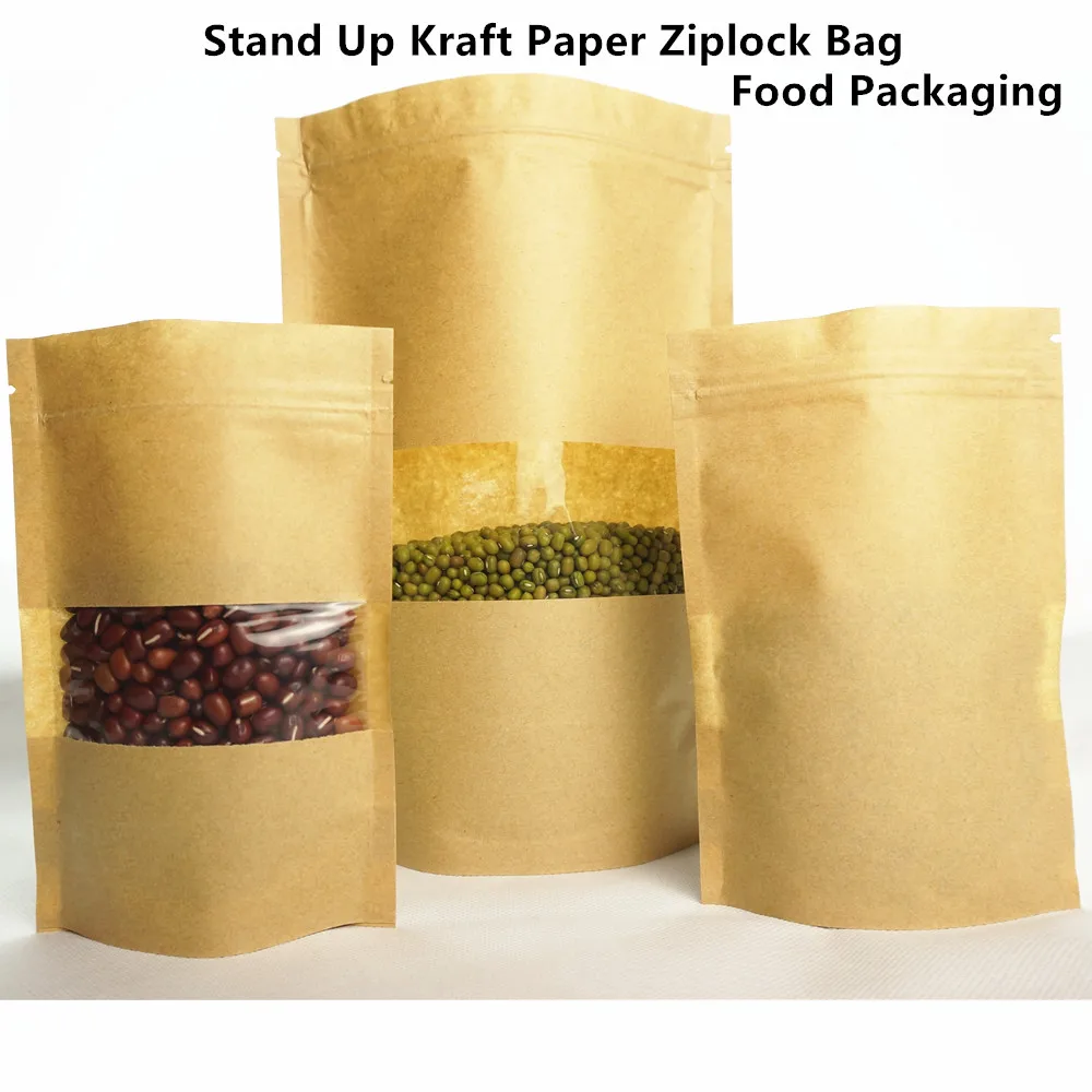 10pcs Zipper Close Paper Food Bags - Standing Up Kraft Paper Ziplock Bag with Clear Window, Self Sealing Nuts Snack Package