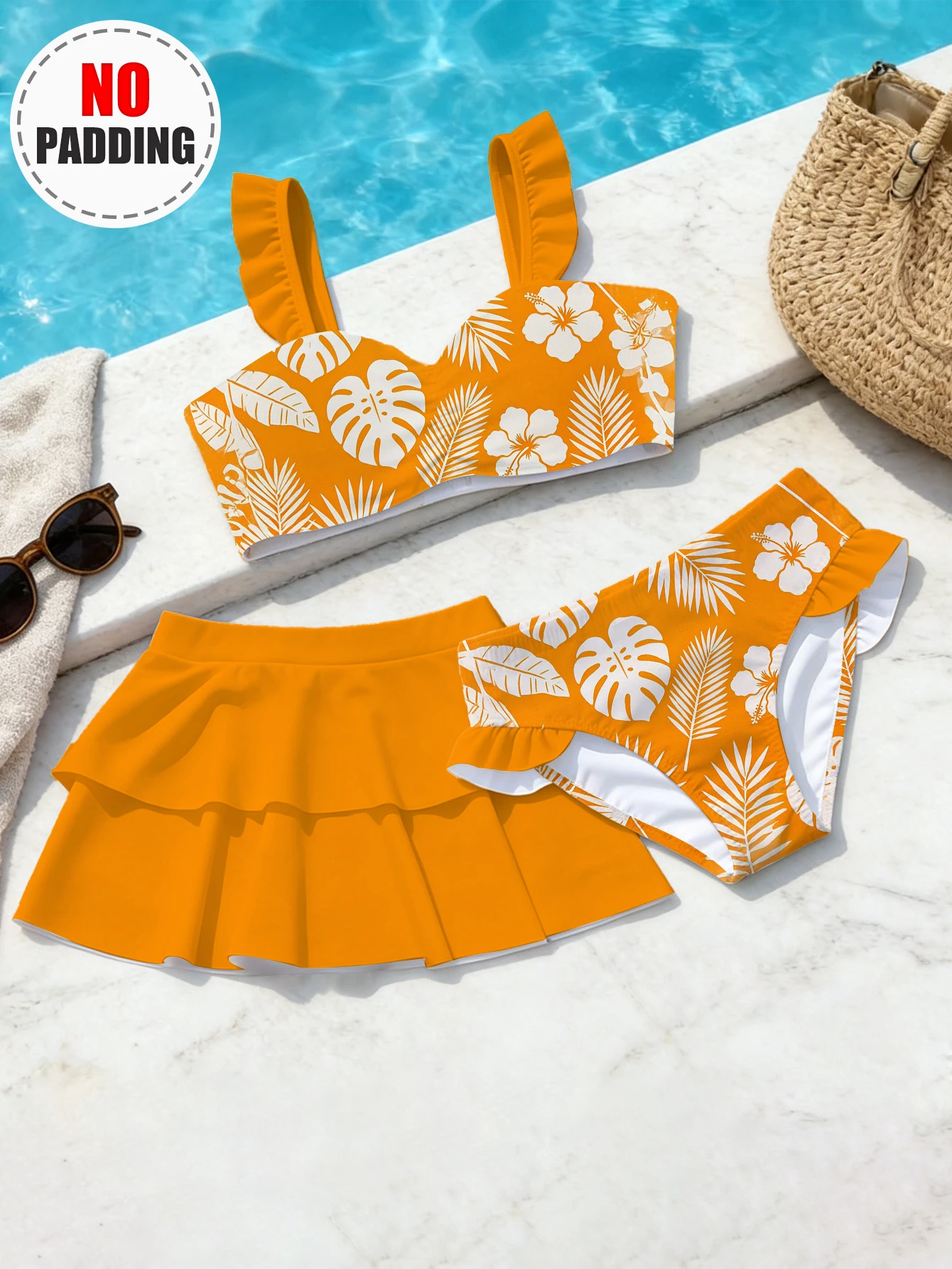 Girls' Summer Style Elegant Fashion Flower Leaf Three Piece Swimming Skirt