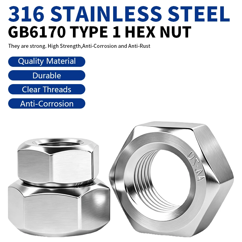 GB6170 316 Edelstahl Typ 1 Sechskantmutter, höhere Festigkeit, dickere Standard-Sechskantmutter M4 M5 M6M8M10M12M14M16M18M20M22M24M27M30
