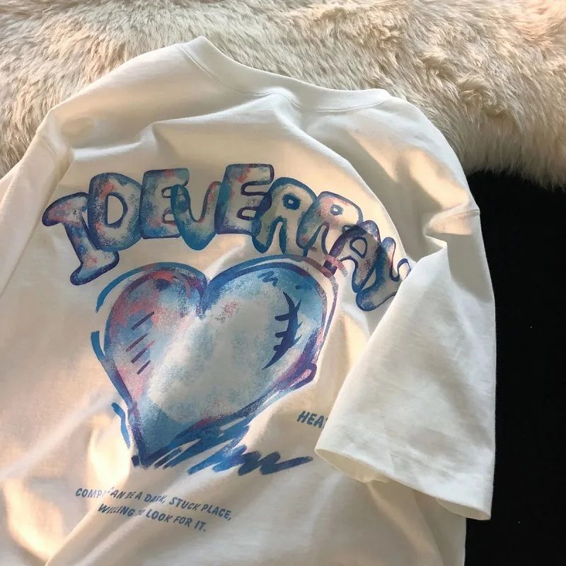 المرأة Y2K الشارع بارك رسالة طباعة قصيرة الأكمام الرجعية كبيرة تي شيرت المعتاد رداء علوي فضفاض مستديرة الرقبة الحب المرأة تي شيرت