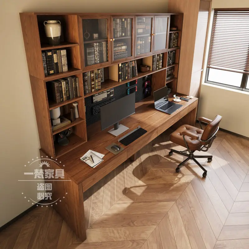 Solid wood computer desk, integrated bookshelf, student home learning writing table, light and simple wind strip,