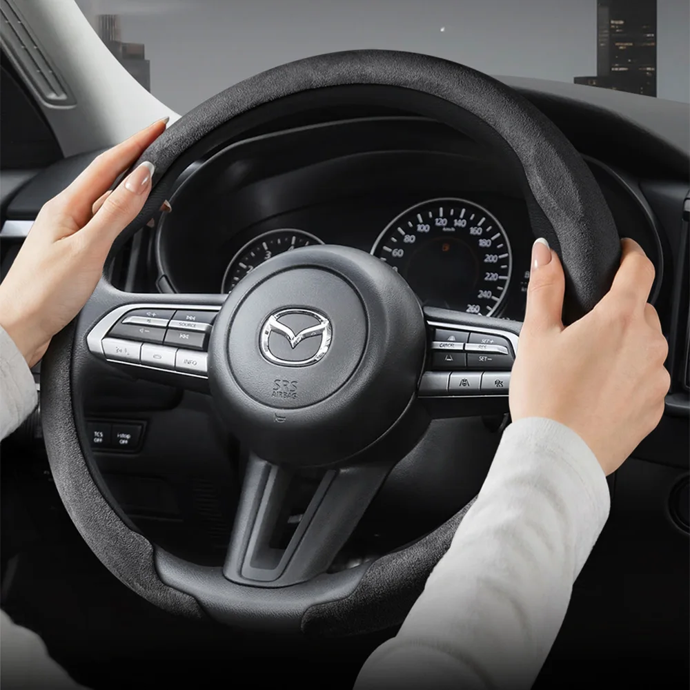 Suitable for Mazda Faux Suede Steering Wheel Cover 1.7mm Ultra-Thin Integrated Snap-On Type Anti-Slip and Sweat-Absorbent Cx-5 Cx-30 Mazda3 Cx-50 Cx-90 Mazda2 Cx-60 Cx-3 Mx-5 Bt-50