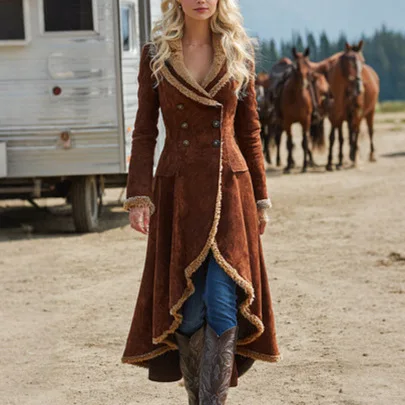 

Women's Western Denim Vintage Windbreaker Plush Autumn and Winter Fashion Warm Jacket Stitching Long Front Ropa Mujer