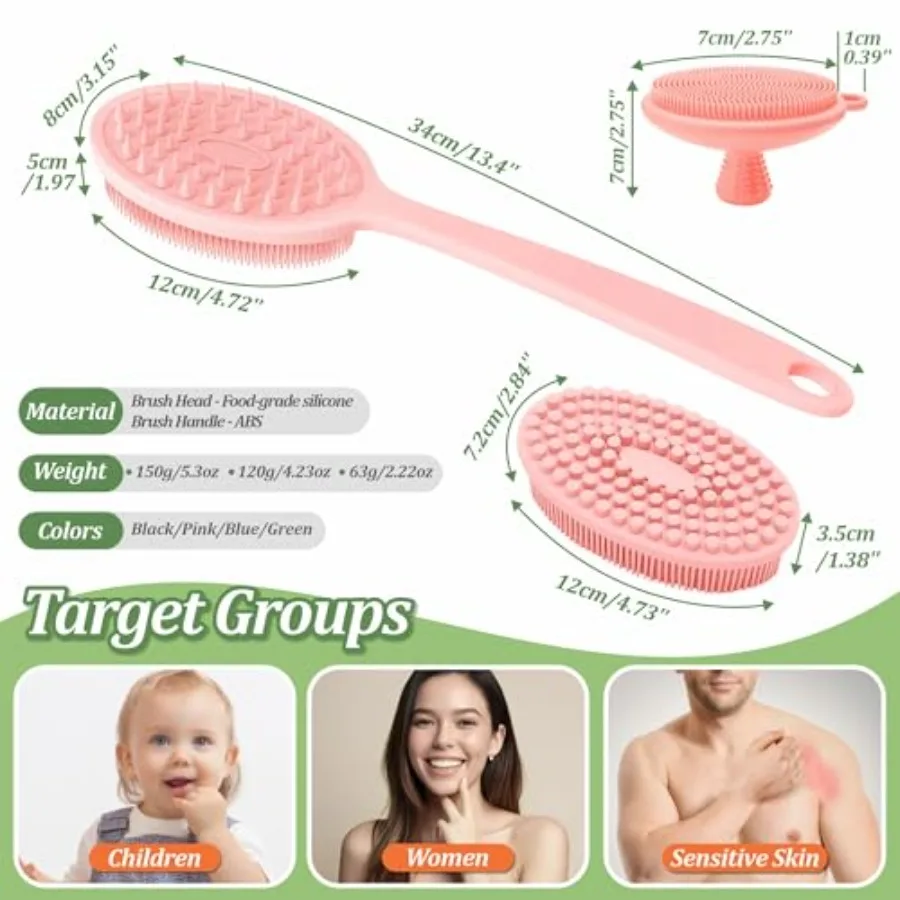 Silicone Face and Back Scrubber Set, Manual Face and Body Scrubber Exfoliator with Soft Bristles and Non-Slip Handle, Back Brus