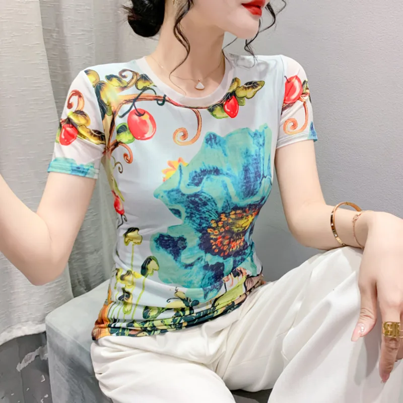 #5422 3d Print Tshirt Women Short Sleeve Summer Vintage T-shirt Thin Sexy Elastic Women\'s T-shirt Floral Short Women\'s Tee Shirt