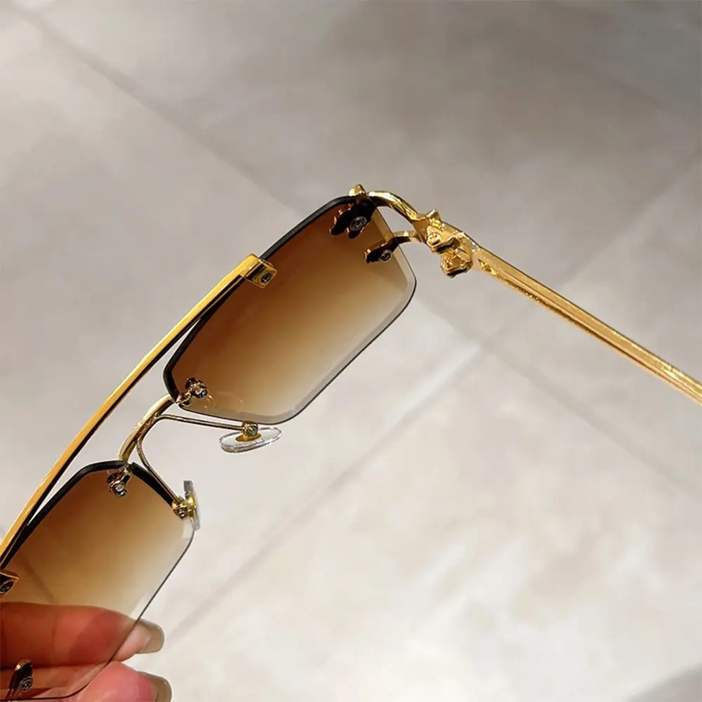 نظارات شمسية معدنية بدون إطار للرجال والنساء ، نظارات متدرجة ، جسر مزدوج ، ديكور الفهد ، عصري ، UV400 #5