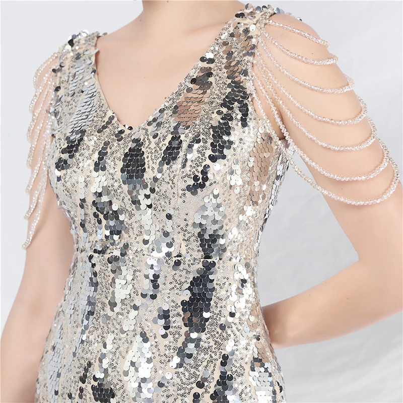 Women Sexy Elegant Sleeveless V Neck Backless Silver Gold Sequined Cocktail Prom Wedding Evening Party Long Maxi dresses