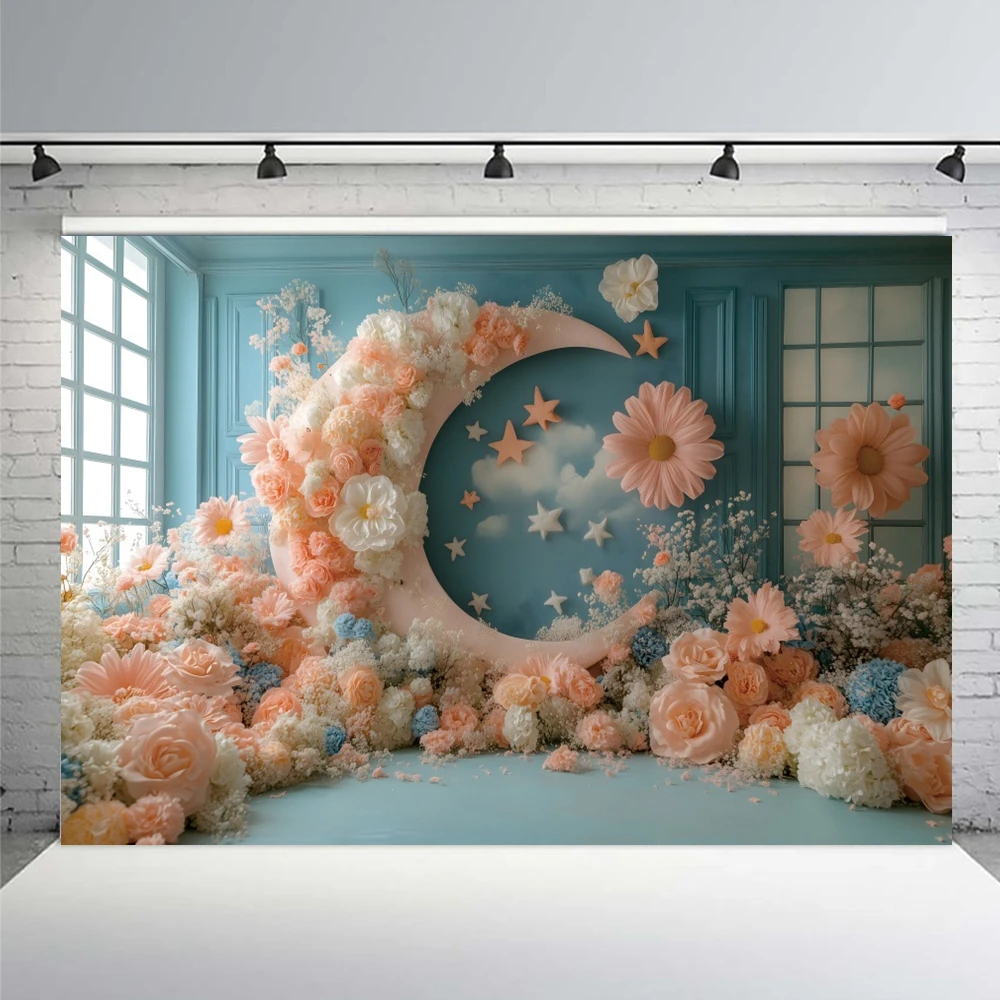 Dreamy Moon Flowers Backdrop Indoor Retro Wall Stars Clouds Baby Shower Girls Kids Birthday Cake Smash Photography Background