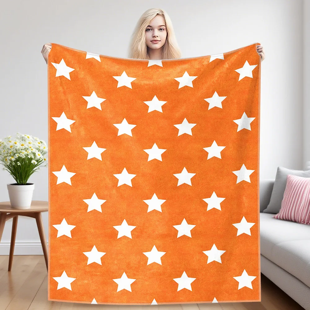 Orange Stars Flannel Blanket, Ultra-Fine Fiber, All Season Luxurious Fluffy Blanket Suitable For Beds Or Sofas
