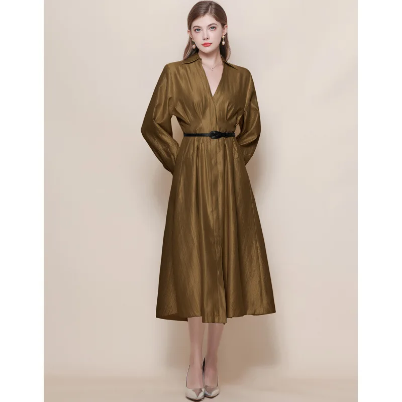 Ele Silk Satin Long Sve V-Ne Dr Schlankheits-Taille, hohe Taille, luxuriöser SLE-Strickrock aus Polyesterstoff in A-Linie für...