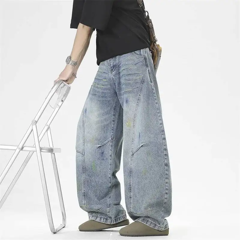 Washed Retro Men's Jeans Light Blue White Paint Splatter Loose Wide Leg Casual Denim Long Pants Summer Trousers HNCU
