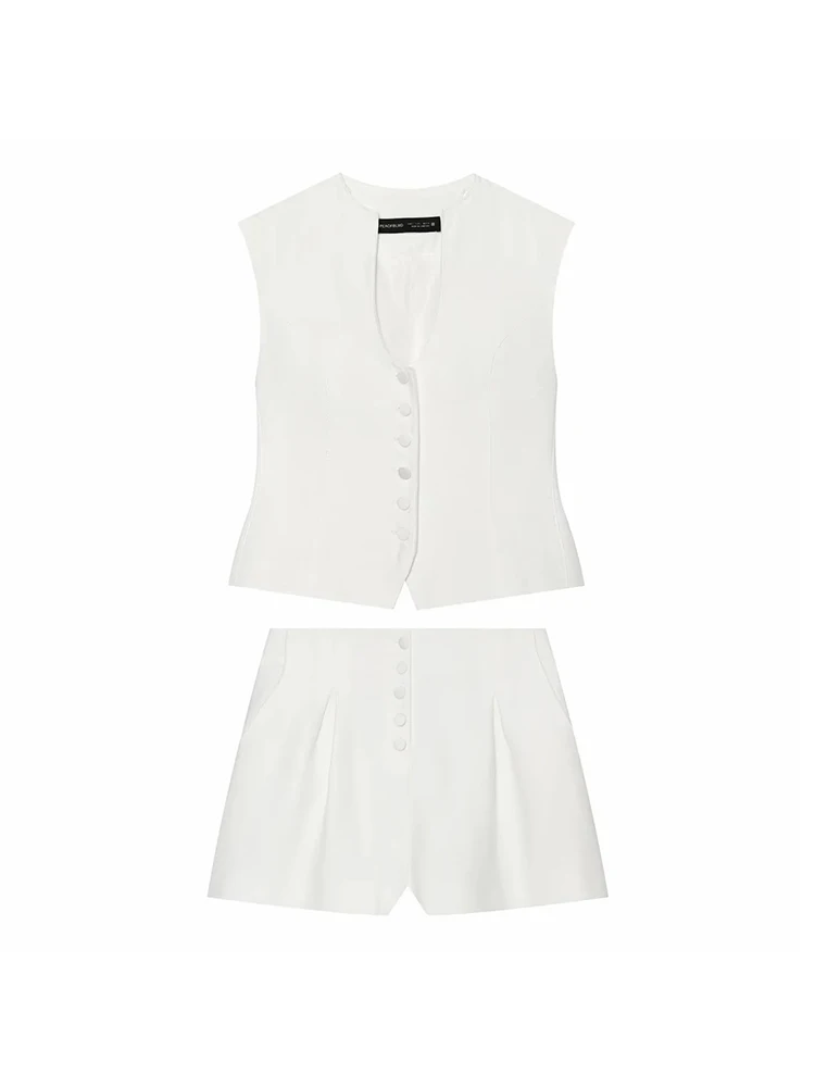 Women Navy Blue 2-Piece Set Women Lapel Sleeveless Belt Blazer Vest + High Waist Pleated Wide Leg Culottes Shorts Lady Suit