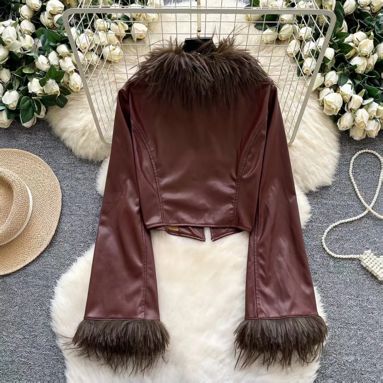 Retro Style Fur Collar Patchwork Faux Leather Coat, Women's Spring and Autumn Short PU Leather Jacket