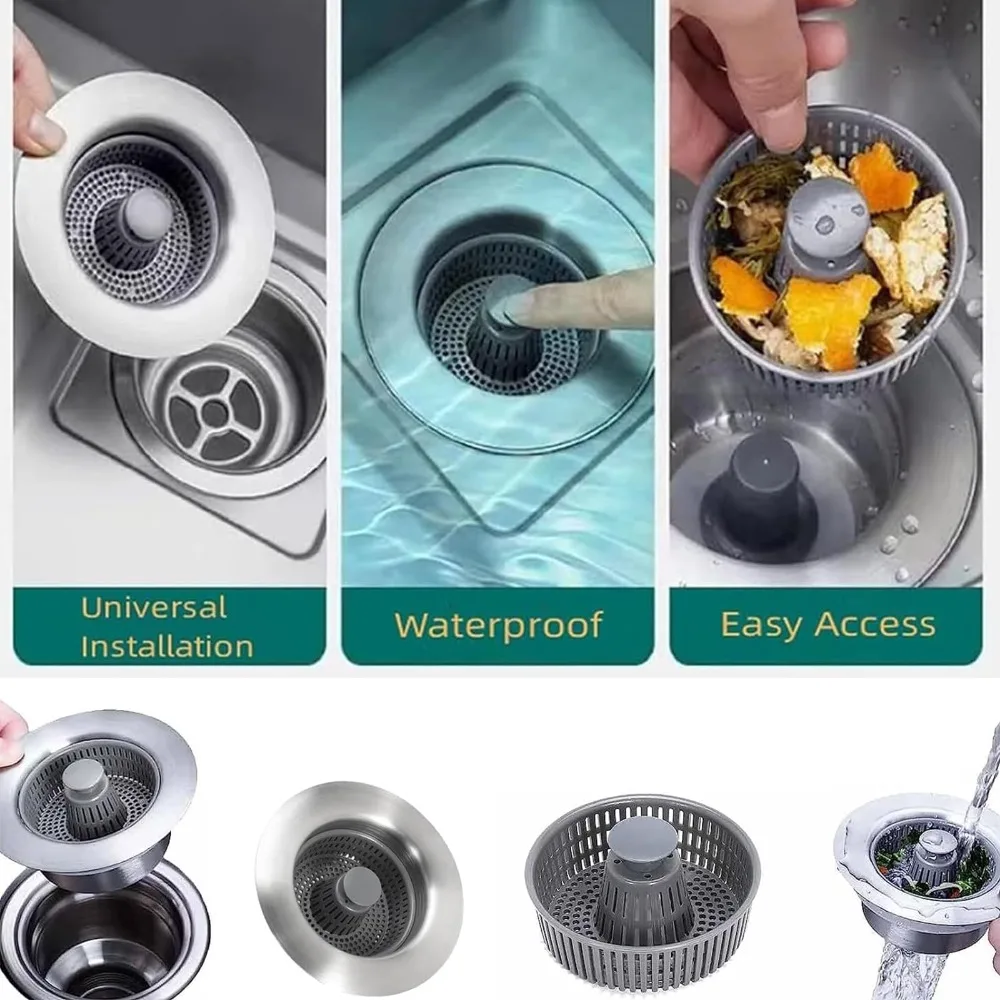 Easy To Clean 3 in 1 Filter Sink Leak-proof Plug Stopping Blockage Sink Strainer Bouncing Core Kitchen Tool Drain Basket