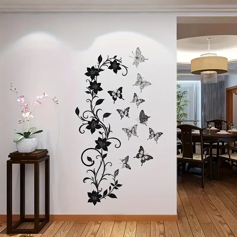 1 Black Floral Vine and Butterfly Wall Sticker - Minimalist Black and White Themed Sticker, Simple Modern Style Home Decoration Item