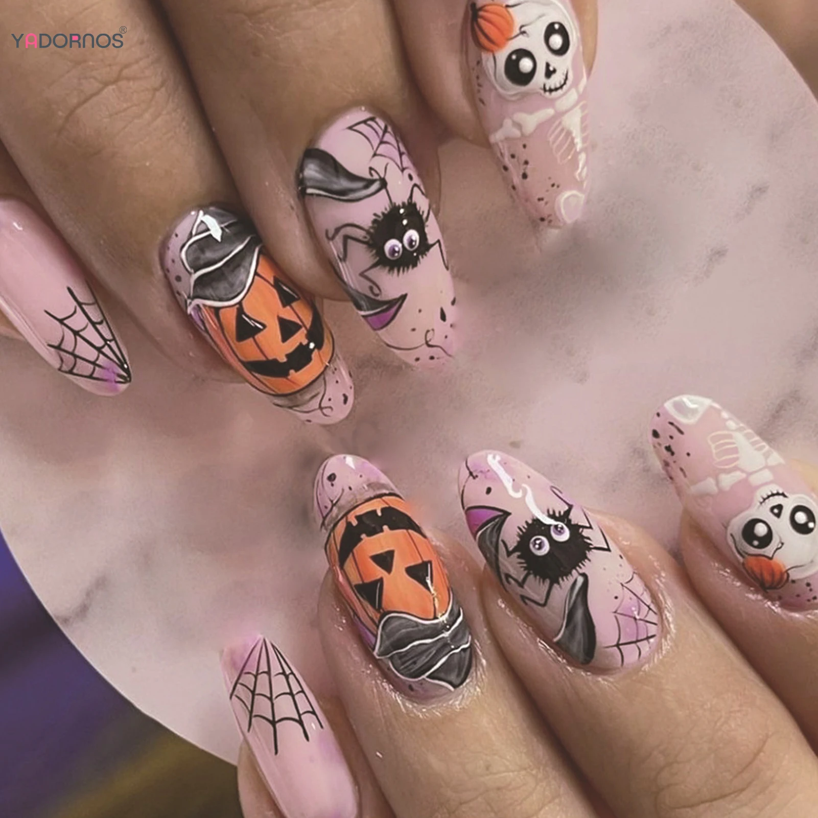 24pcs Pink Almond Press On Nails For Halloween Cute Ghost Spaider Pumkin Design Fake Nail Tips Wearable False Nail For Cool Girl