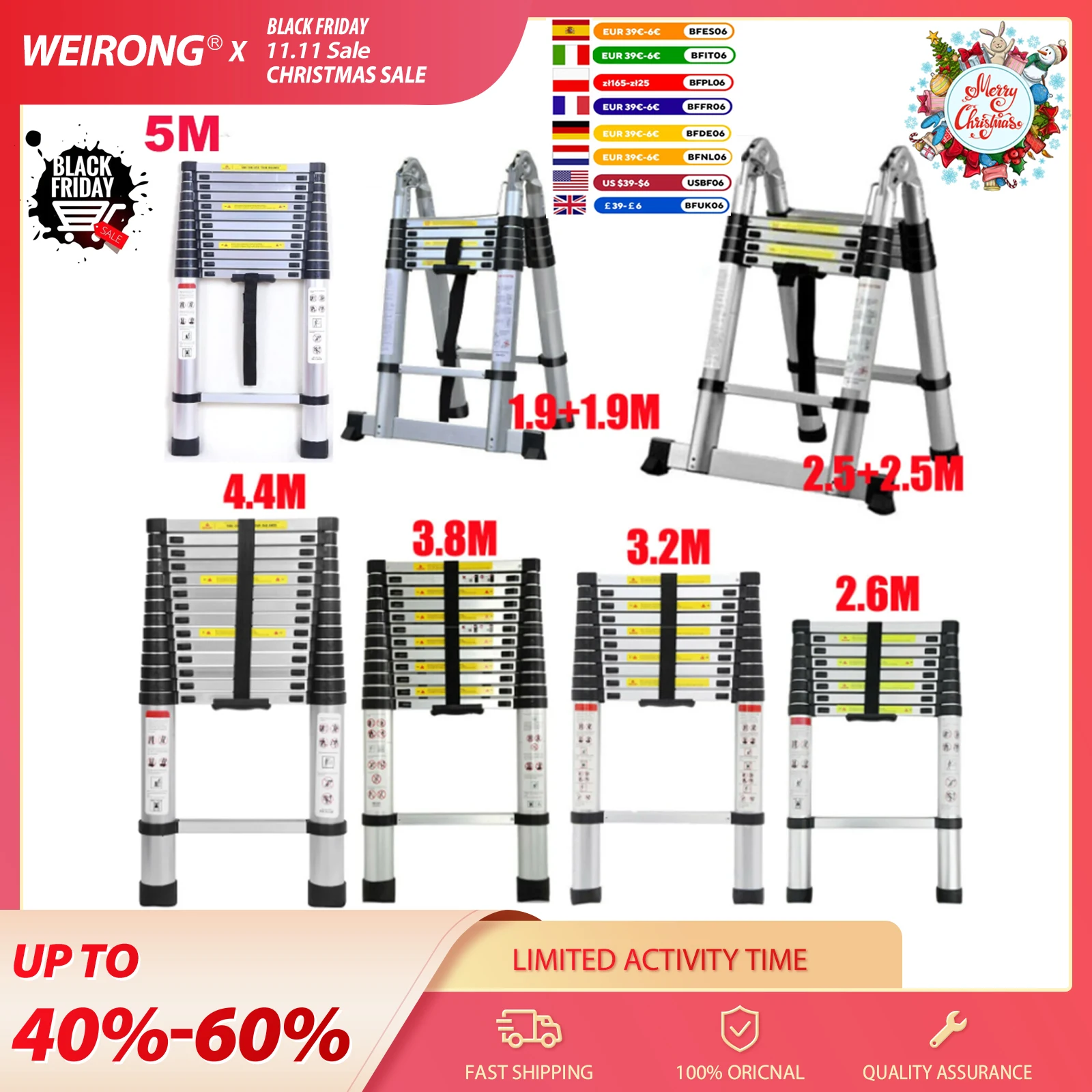 DayPlus 2.6M-5M Telescopic Ladder Sturdy Aluminum Telescoping Extension Ladder 330lb Max Load EN131 for Household Outdoor Work