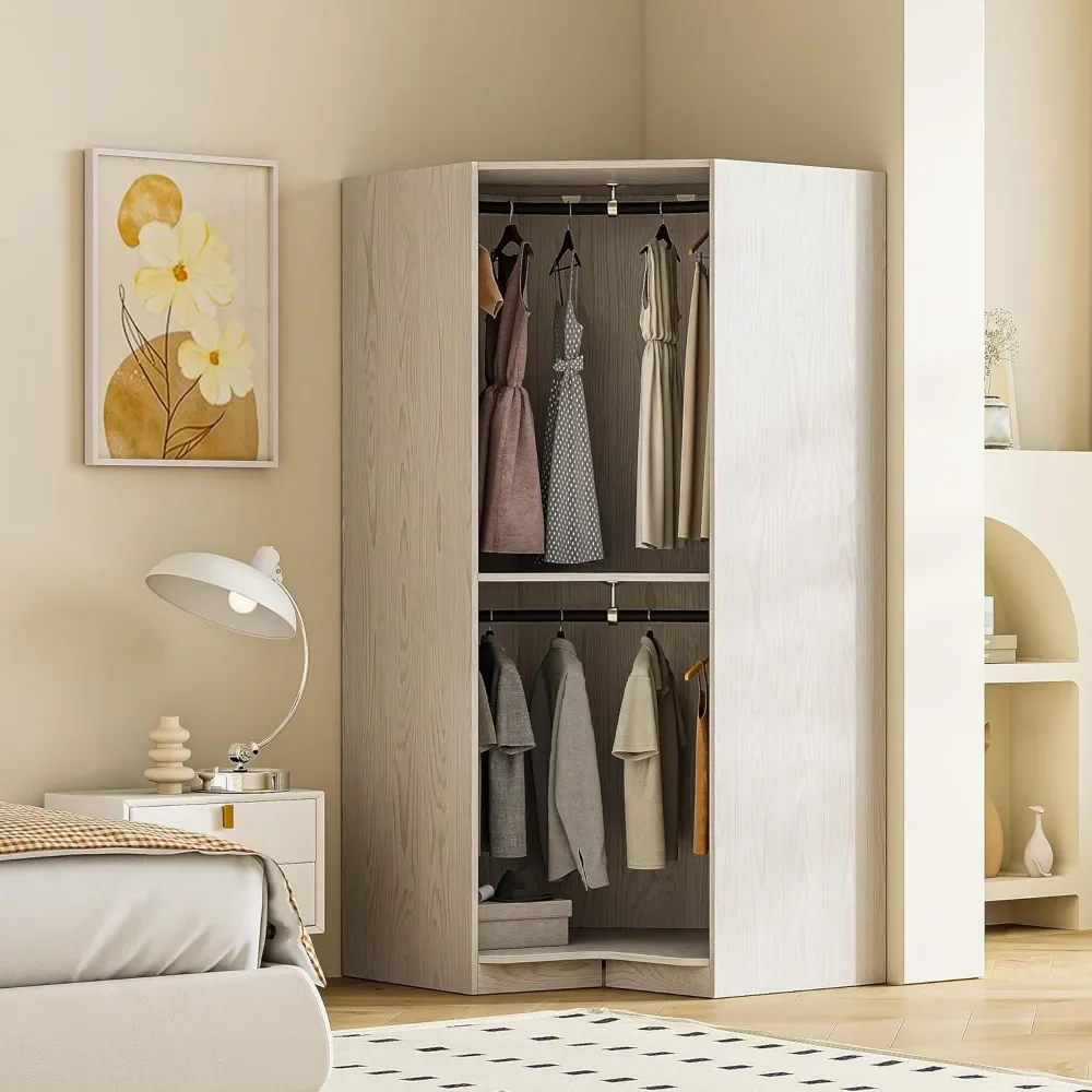 Corner Armoire Wardrobe Closet, Wardrobe Armoire with Dual Shelving Units, Closet Storage Cabinet, Clothing Organization,