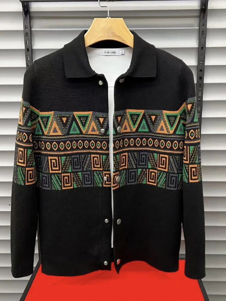 

Модный вязаный кардиган мужской с отложным воротником, этнический стиль, с цветочной вышивкой, осенняя новинка, полиэстер, хлопок