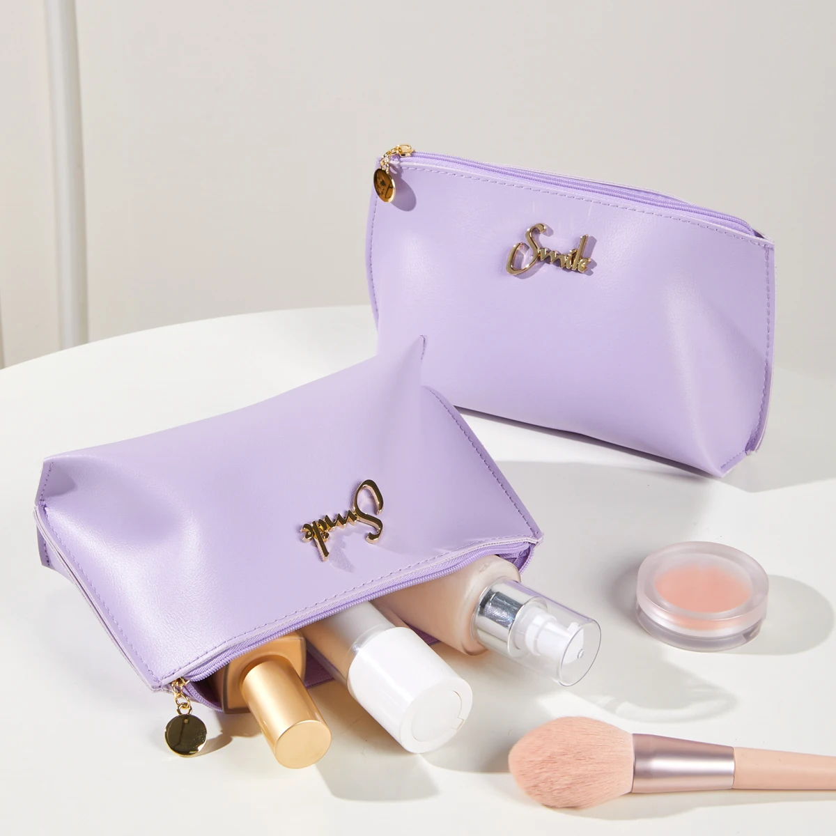 1PCS Purple PU leather with a Smile Metal logo cosmetic bag Makrup bag Travel makeup Bag makeup brush bag Makeup bag organizer B