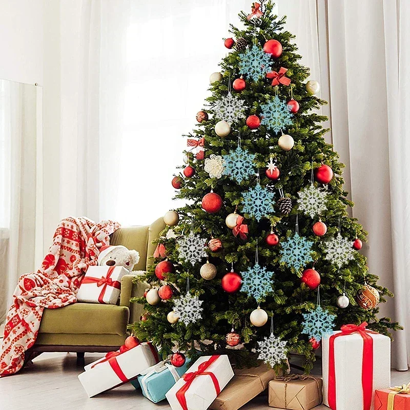 Flocons de neige bleus avec poudre brillante, pour décoration d\'arbre de noël, nouvel an, hiver, lot de 24/12/6 pièces