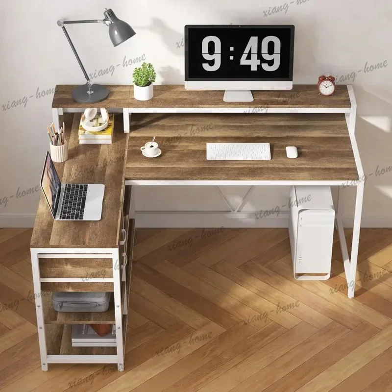 LD High Quality 55 X 24 Inch L‑Shaped Corner Home Office Desk, Computer Table with Drawers, Storage Shelves and Stand