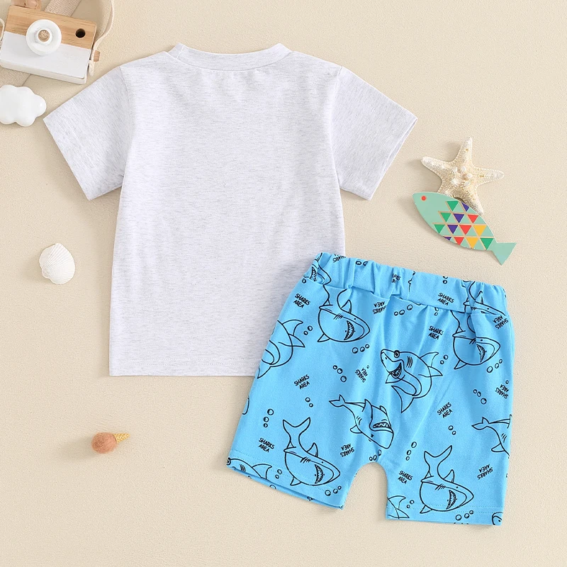 2024-03-22 Lioraitiin 2Pcs Baby Boy Summer Outfits Short Sleeve Shark Print T-Shirt + Shorts Set Infant Clothes