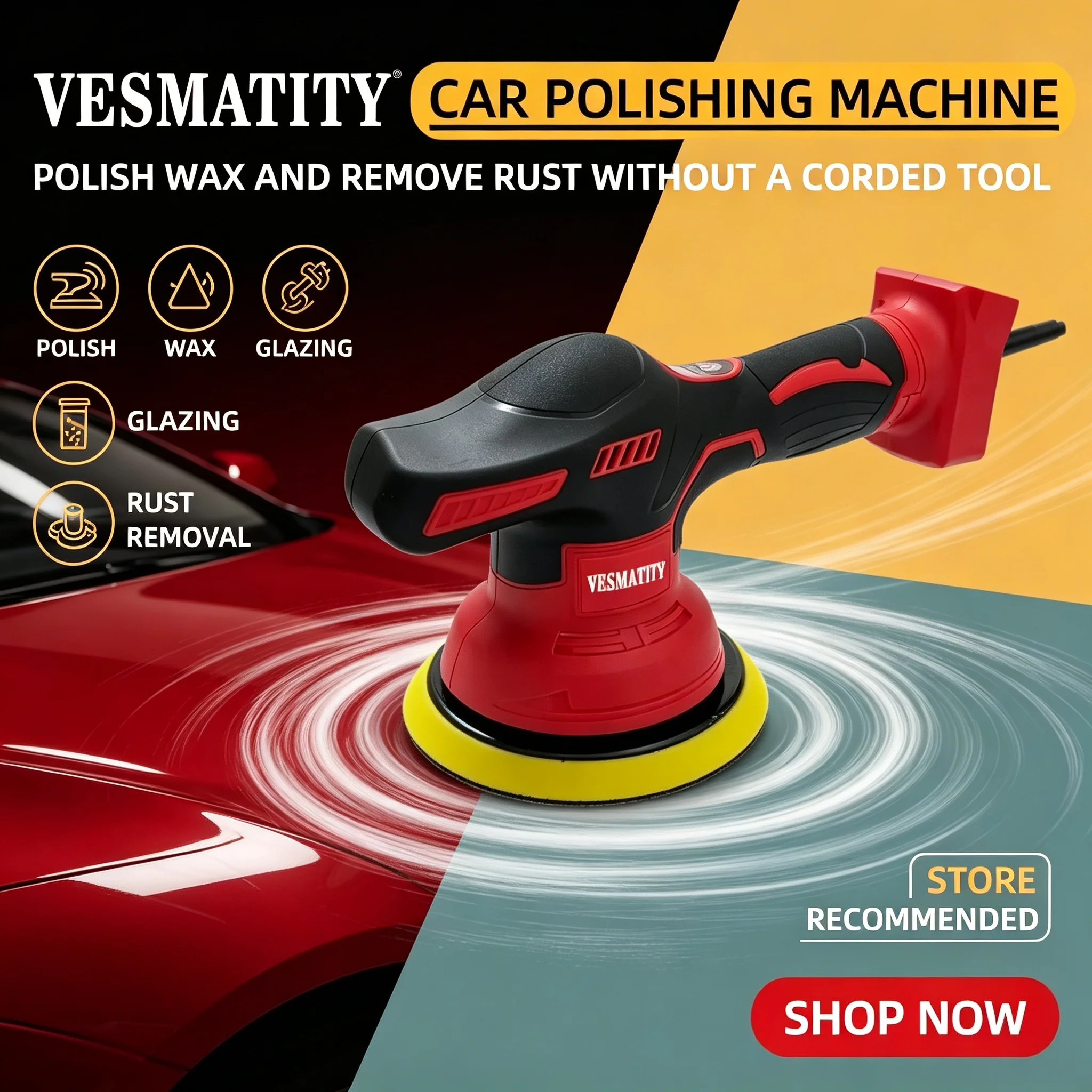 VESMATITY Cordless Polisher 8 Gears Digital Display Electric Polisher Auto Car Waxing Polishing Machine Lithium For 18V Battery