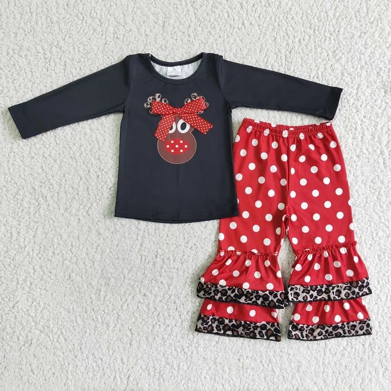 

New Arrivals Fall Fashion Christmas Fawn Bow Top Red Polka Dots Set Baby Girls Fall Wholesale Boutique Children Outfit