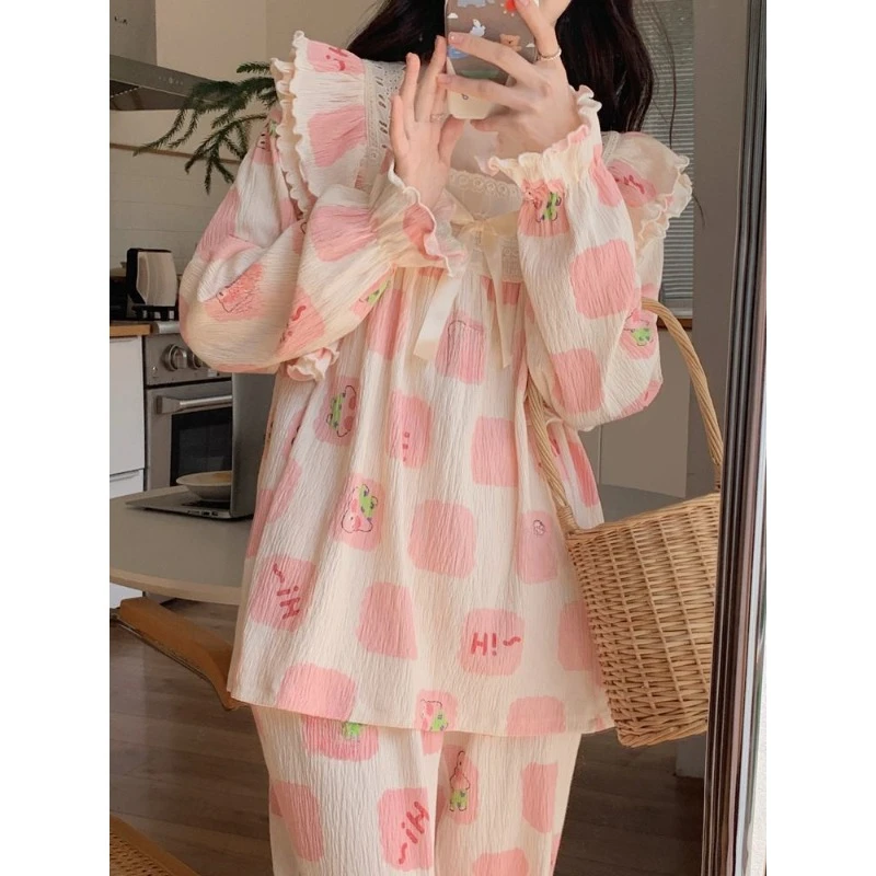 Ins Style Sweet  Lovely Big Star Pajamas Women Spring Autumn Long Sleeves and Pants Cartoon High Appearance Level Home Wear Set