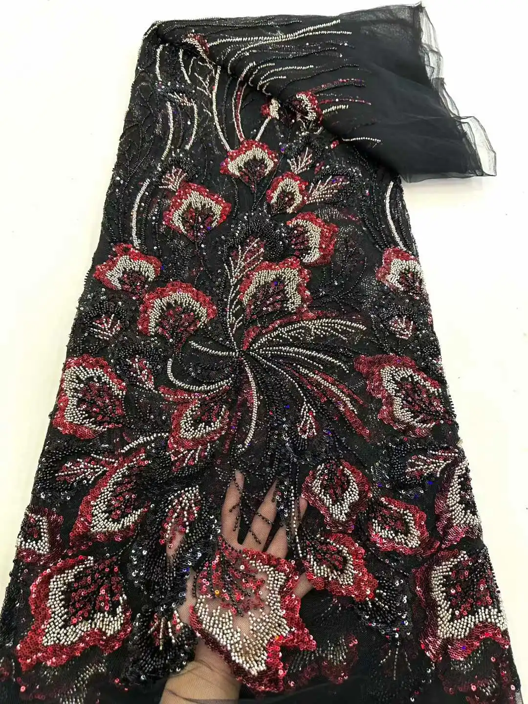

Luxury Luxury African French Tulle Lace Fabric 2025 High Quality Beaded Nigerian Sequins Lace Fabric for Wedding Dress Sewing