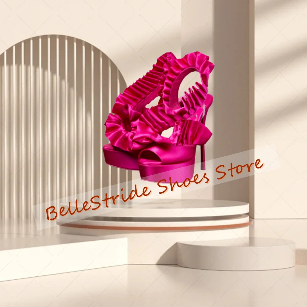 Rose Red Platform Peep Toe Ruffles Sandals Open Toe Women Shoes Thin High Heels Party Banquet Dating 2025 Zapatos Para Mujere