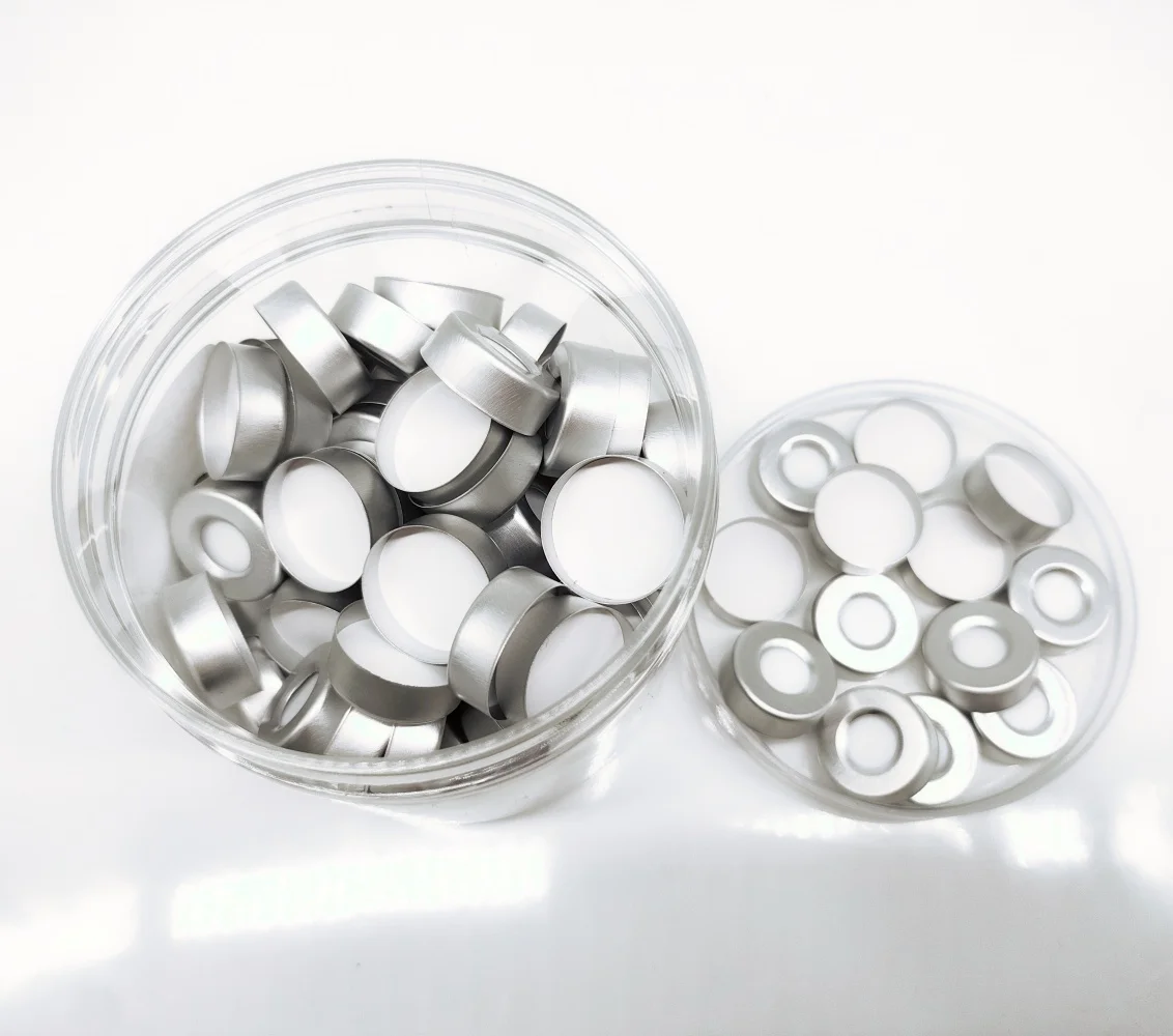 IKEME 100 Pieces 20*3mm Nature PTFE / Nature Silicone Septa,Crimp top Aluminum Cap,10mm Center Hole For 10ml 20ml Vial