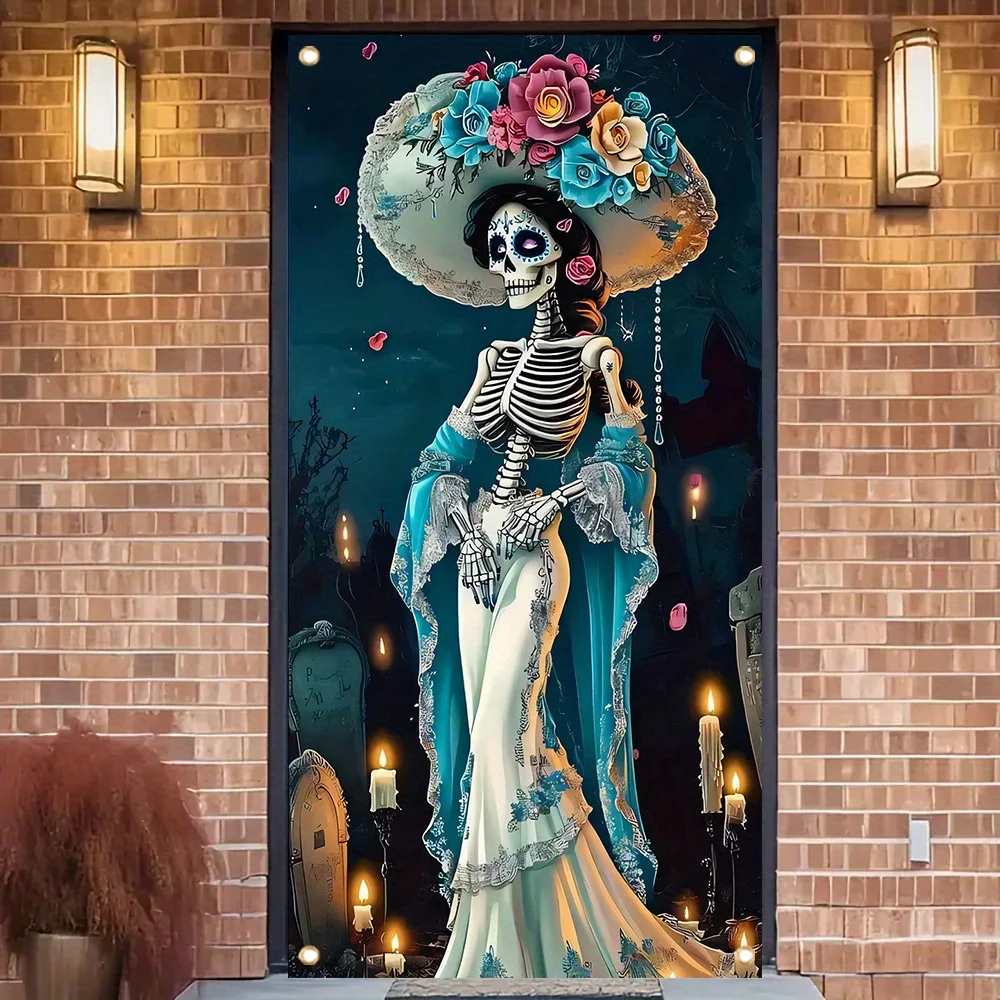 1 decoración mexicana del Día de los muertos, elegante sombrero de flores con esqueleto para mujer, tapiz colorido de estilo gótico