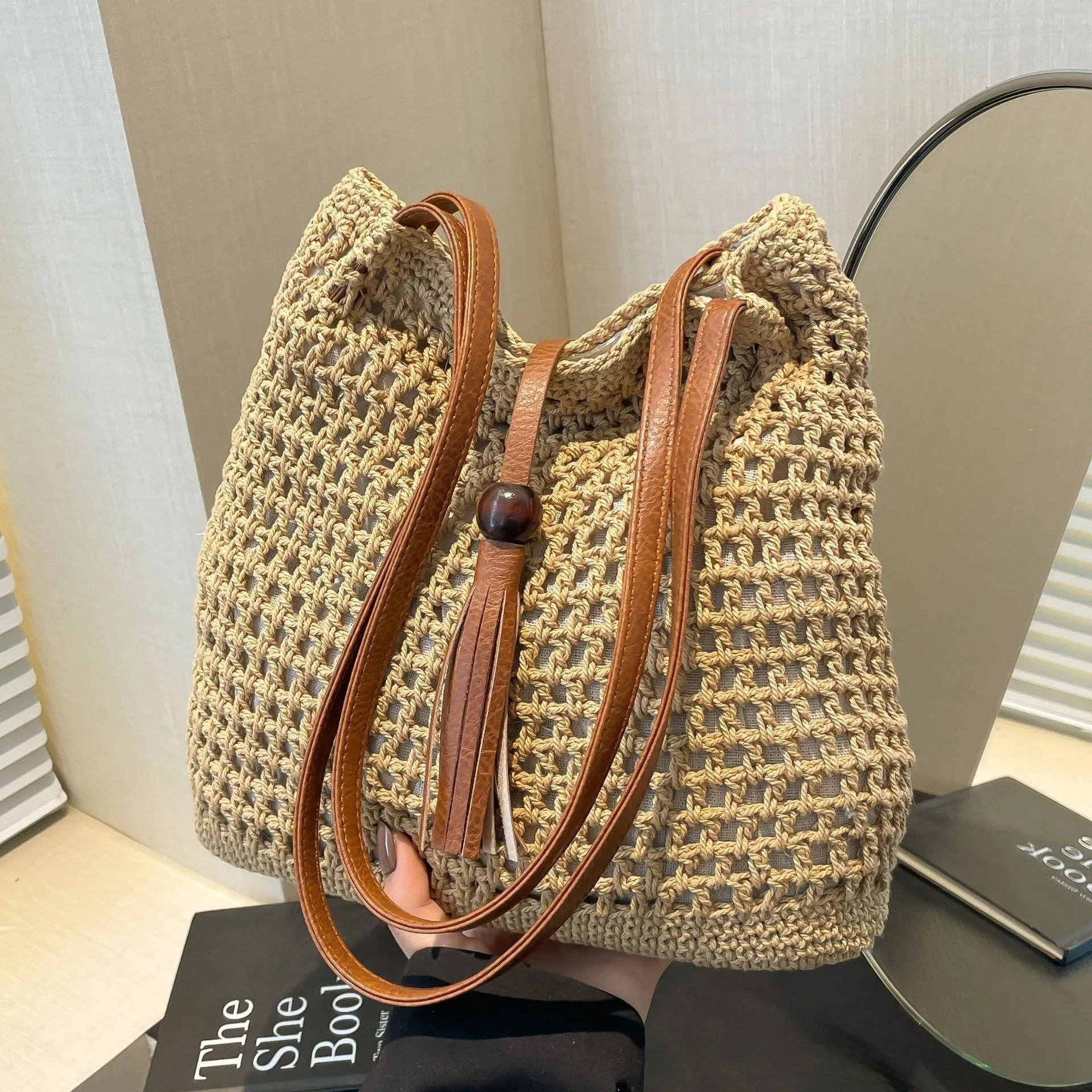 手作り綿糸かぎ針編みバッグ-シングルショルダー通勤バッグ-ビーチバケーション-レディースバッグ-カジュアルスタイル-ノーブランド-夏-2026