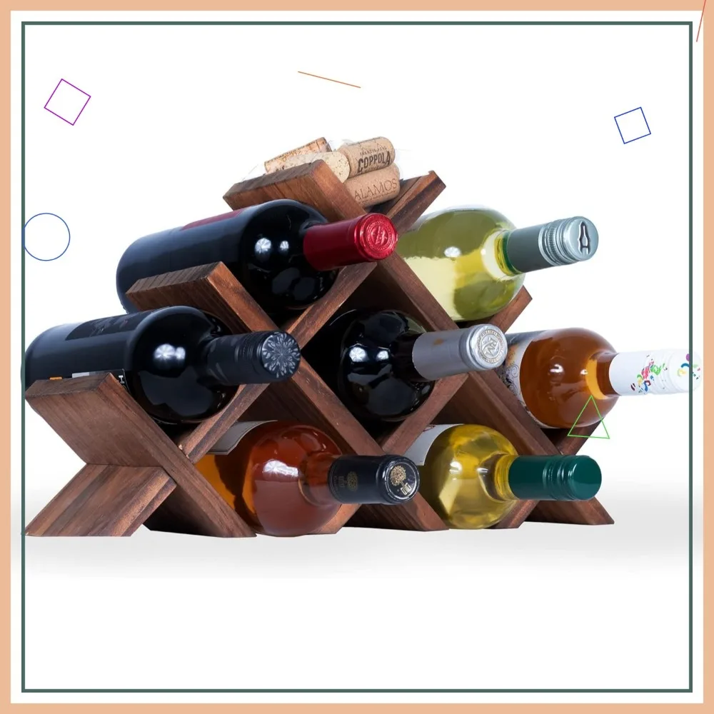 Rustic Wood Wine Rack for 8 Bottles with Cork Storage, Freestanding Tabletop Organizer in Walnut Finish