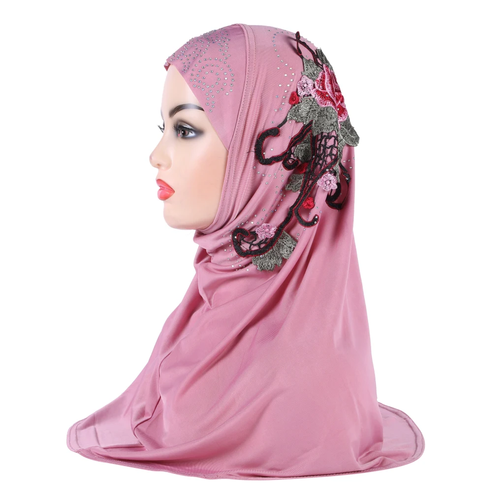 H317 حجاب إسلامي جميل للفتيات مع تطريز من الدانتيل وشاح إسلامي شال حجاب قبعة أرميا سحب على التفاف هدية رمضان