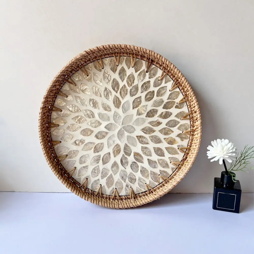 Creative Gift Shell Mosaic Round Woven Tray Handmade Home Decor Decorative Wall Plate Decorative Table Centerpiece