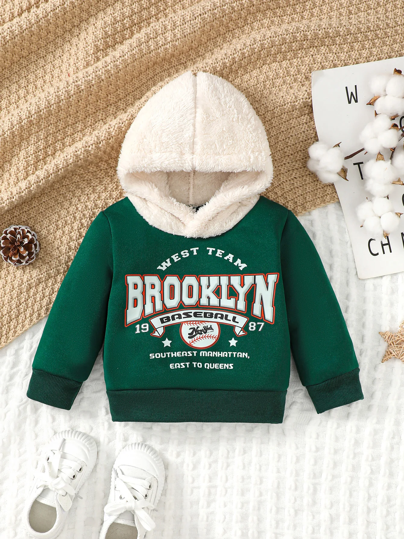 Baby Boys Autumn And Winter Casual Fashion Dark Green Top Long Sleeve Color Matching Letters Printed Plush Hoodie For Baby Boys