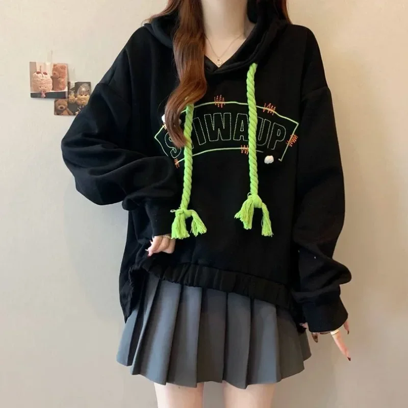 봄과 가을 루즈핏 긴팔 여성 후드티 스웨트셔츠 한국 스트릿웨어 Y2K 빈티지 90년대 케이팝 여성 후드탑