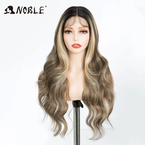 Imagen 2 del producto Noble-Peluca de cabello sintético para mujer, cabellera sintética de 13x4 peluca con malla frontal, 28 pulgadas, largo ondulado, Rubio degradado, peluca con malla frontal degradado