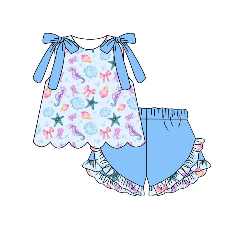 Cute Girl Multi Print Clothing Bow Tie Top Ruffle Shorts Set Summer Casual Ocean Crab Rainbow Ice Cream Outfit