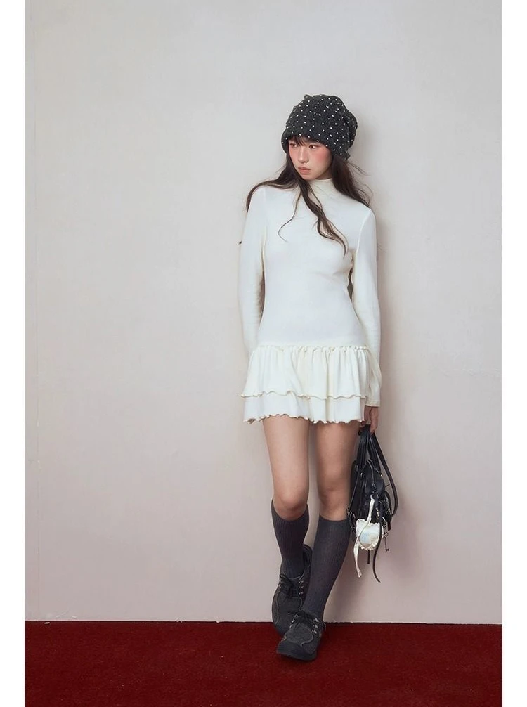 Estilo japonês Harajuku Y2K menina picante gola alta slim fit vestido de manga comprida outono e inverno nova tendência vestido em camadas emo