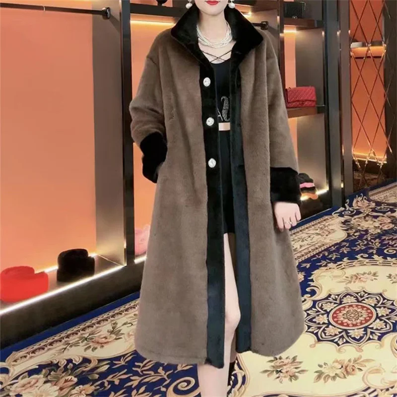 2023 Autumn/Winter New Maillard Crowd Thickened Imitation Mink Fur One Piece Standing Collar Fashion Temperament Women Warm Coat